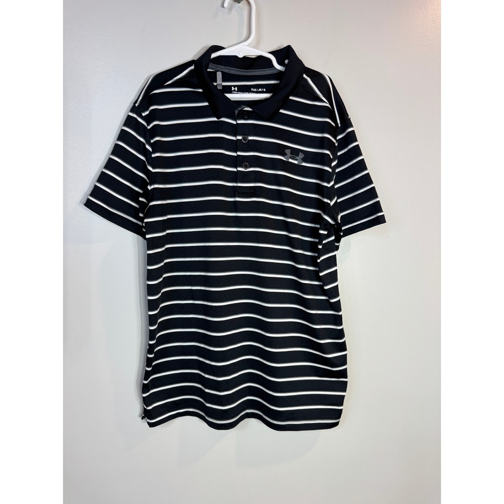 Under Armour Golf‎ Polo Shirt Boys Large Black White Stripe HeatGear Performance